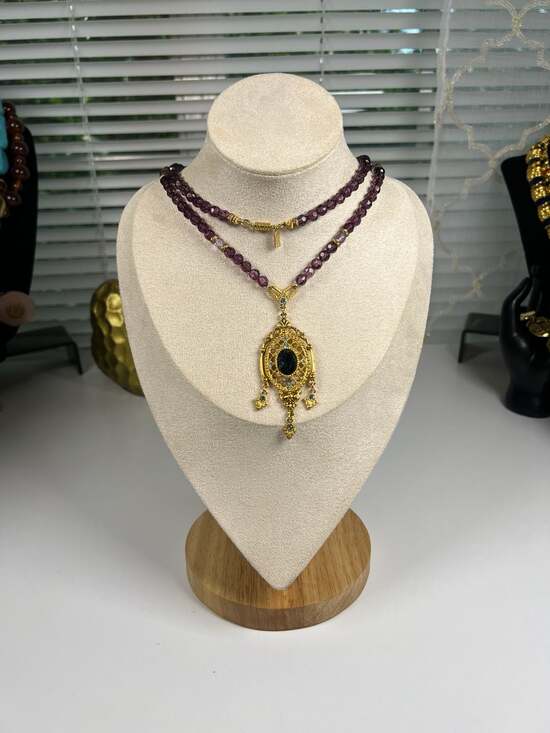1928 Jewelry Jewelry - 1928 Victorian Style Gold-Tone Filigree Pendant Necklace with Purple Glass Beads